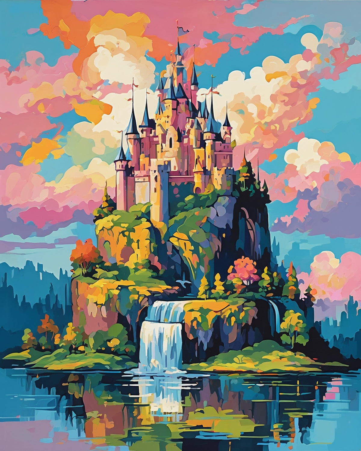 fairy tale castle with tall spires on a rocky island with a waterfall and lake under pink clouds, paint by numbers kit