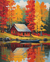 Fall Lake Cabin paint by numbers kit, red cabin reflected in a lake surrounded by autumn trees