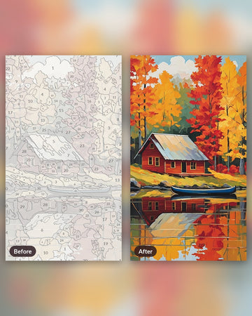 Fall Lake Cabin paint by numbers kit, before and after