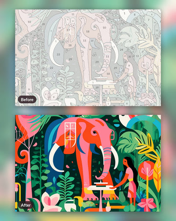 Fanciful Rendezvous paint by numbers kit, before and after