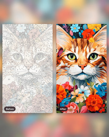 Feline Florals paint by numbers kit, before and after
