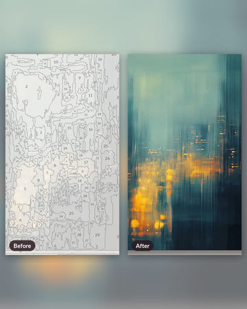 Illuminated City Nights paint by numbers kit, before and after