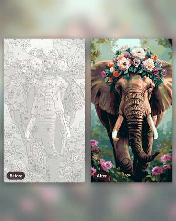 Floral Adorned Elephant paint by numbers kit, before and after