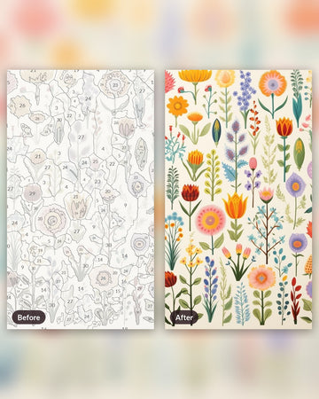 Flower Assortment paint by numbers kit, before and after