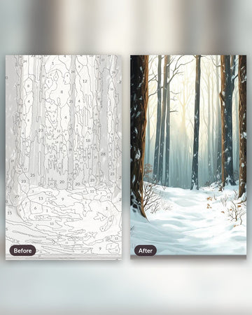 Forest Snow paint by numbers kit, before and after