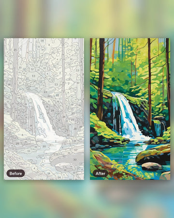 Forest Waterfall paint by numbers kit, before and after