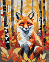 Fox in the Birch Wood paint by numbers kit, red fox sitting among ferns between white birch trunks