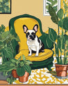 Frenchie on the Sofa paint by numbers kit, French bulldog sitting on a yellow velvet sofa