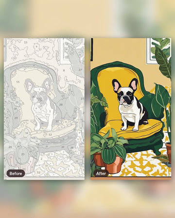 Frenchie on the Sofa paint by numbers kit, before and after