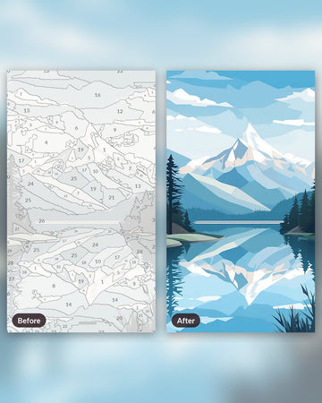 The Glacial Crest paint by numbers kit, before and after