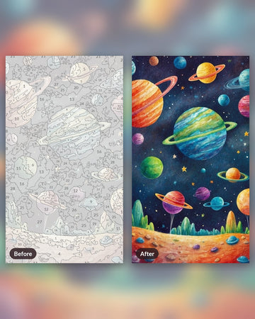 Galactic Orbs paint by numbers kit, before and after