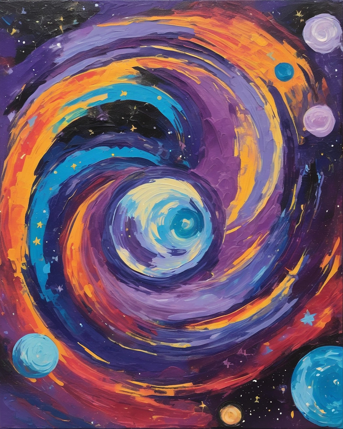 swirling purple orange and blue galaxy with a pale center and small planets and stars, paint by numbers kit