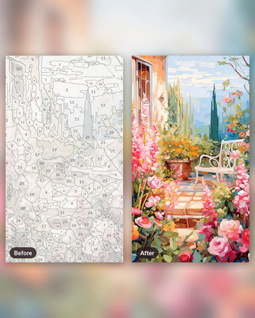 Garden Serenade paint by numbers kit, before and after