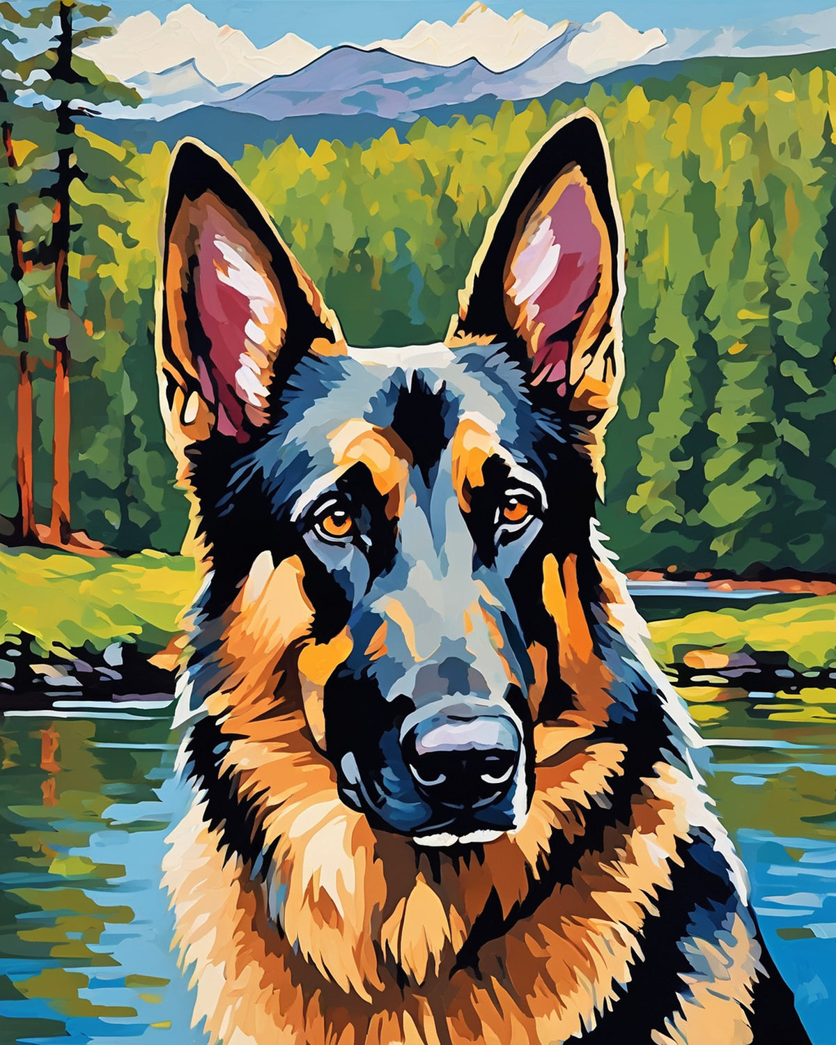 german shepherd portrait with upright ears beside a mountain lake and pine forest, paint by numbers kit