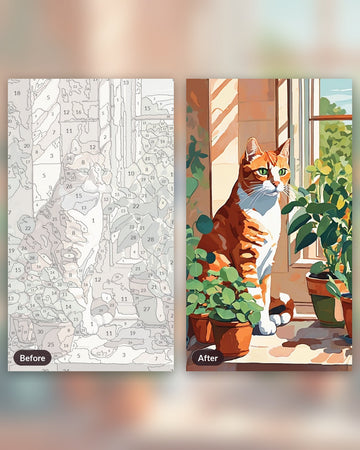 Ginger Cat at the Window paint by numbers kit, before and after