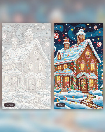 Gingerbread House in the Snow paint by numbers kit, before and after