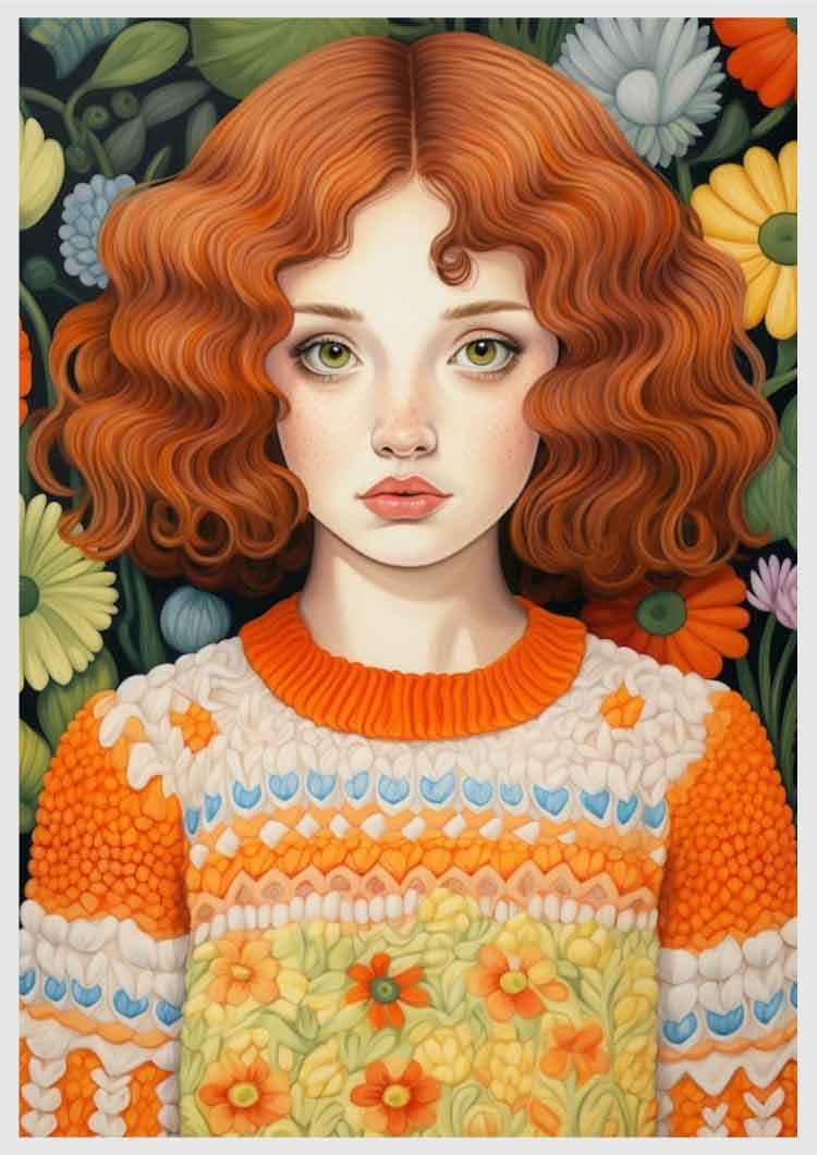The Knitted Elegance Painting By Numbers Kit featuring a girl in a colorful sweater with red curls and a floral background.