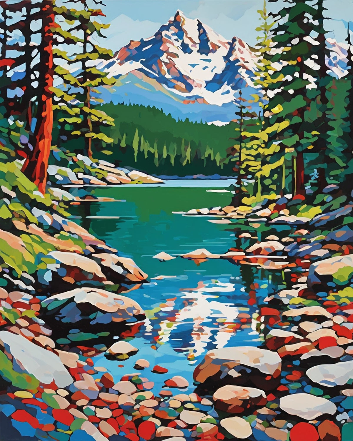 clear mountain lake with colorful pebbles on the shore and a snowy peak behind pine trees, paint by numbers kit