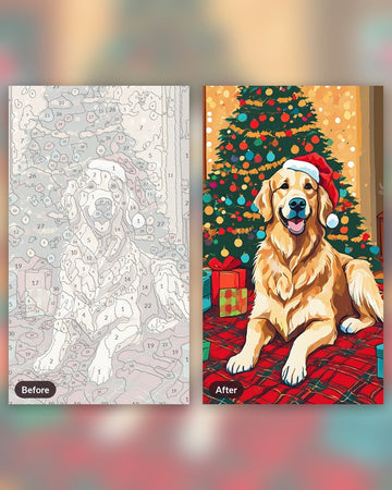 Golden Retriever by the Christmas Tree paint by numbers kit, before and after