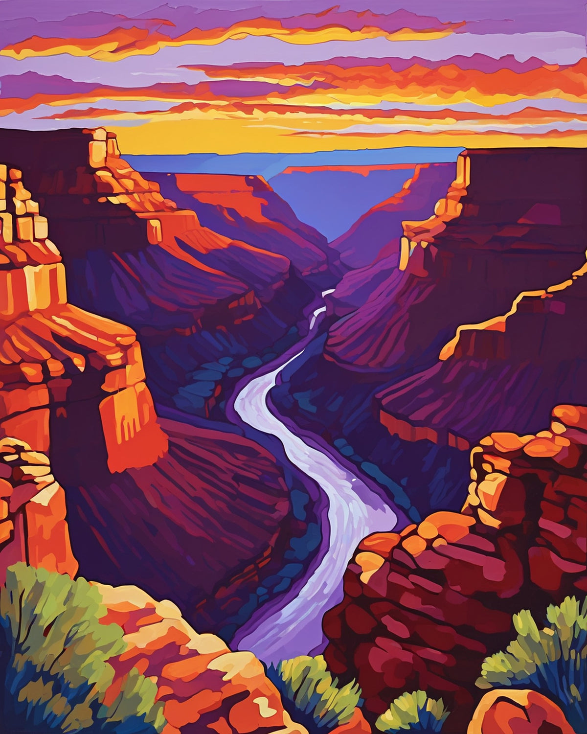 river winding through the grand canyon with orange cliffs and purple shadows under a sunset sky, paint by numbers kit