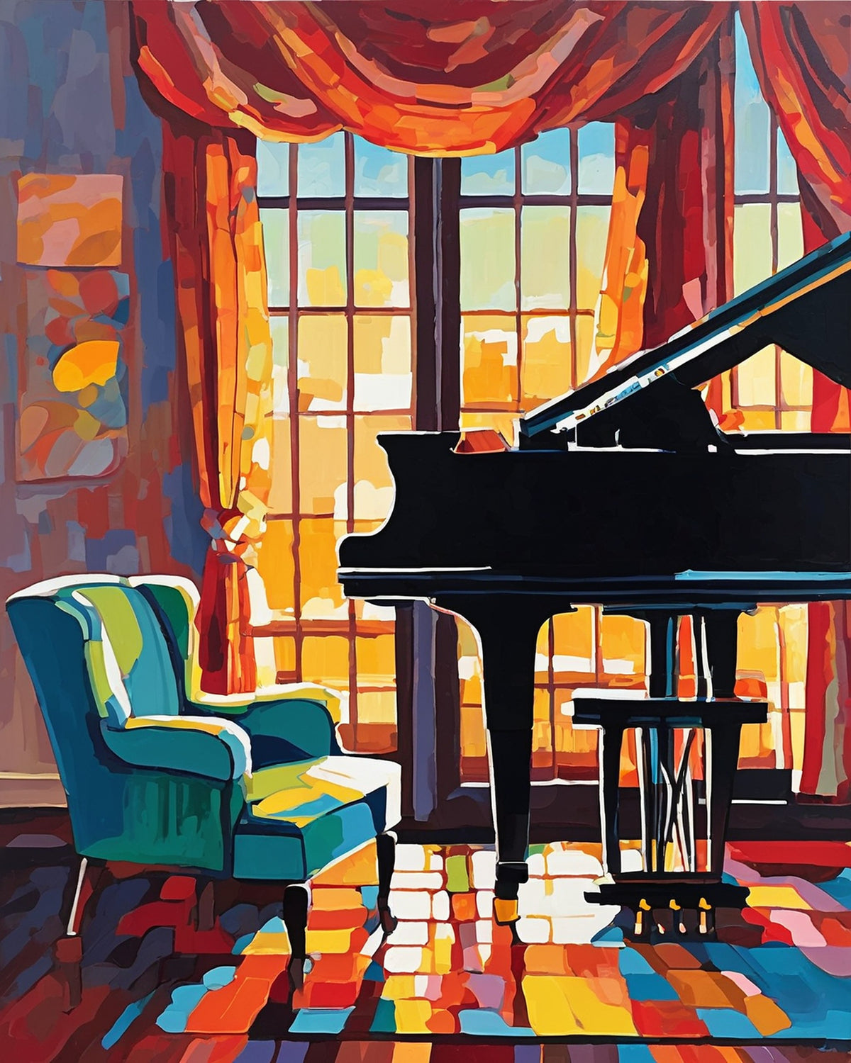 black grand piano by a tall window with orange sunset light red curtains and a teal armchair, paint by numbers kit