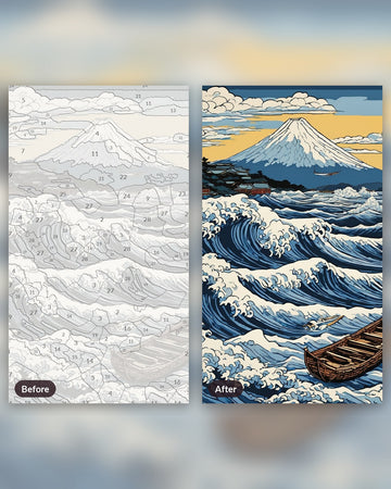 Great Wave after Hokusai paint by numbers kit, before and after