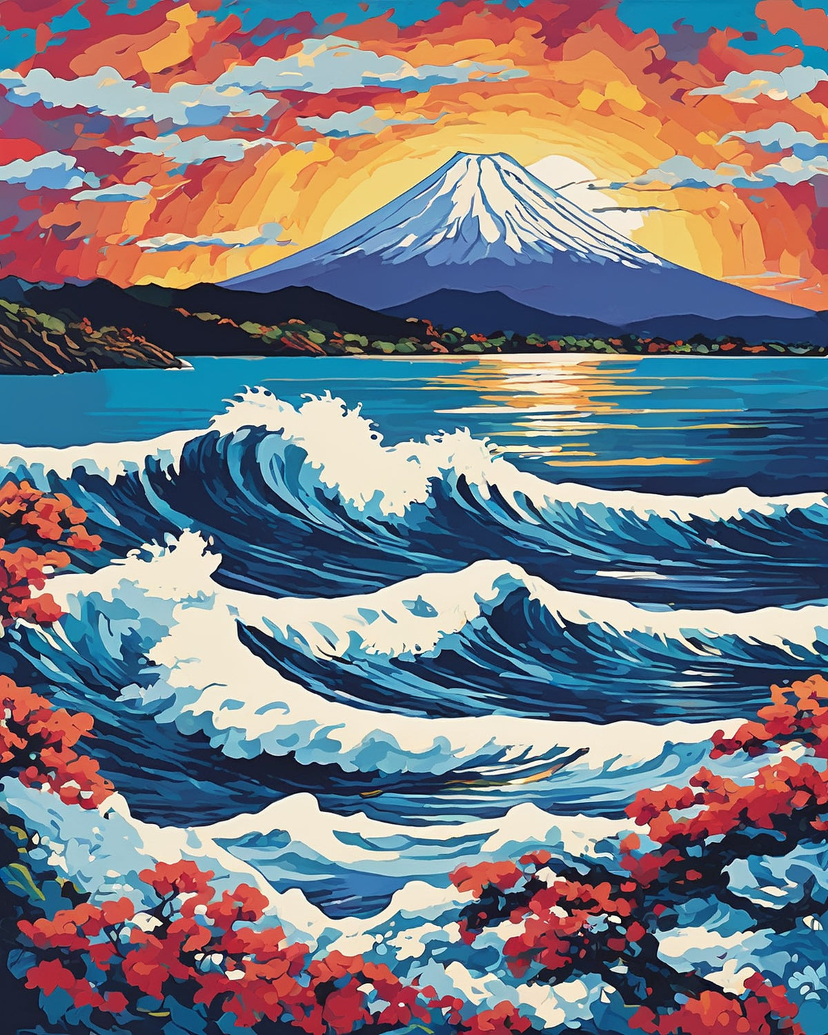 large blue waves with white foam and a snow-capped mountain under an orange sunset, paint by numbers kit