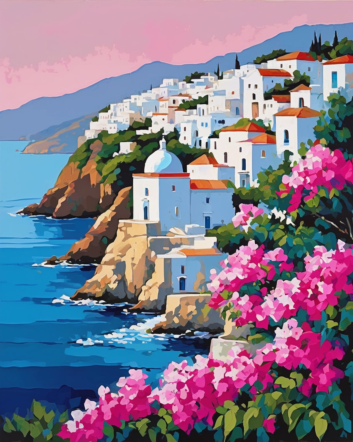 white village and domed chapel on a cliff above blue sea with pink bougainvillea, paint by numbers kit