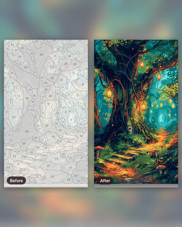 Illuminated Woodland paint by numbers kit, before and after