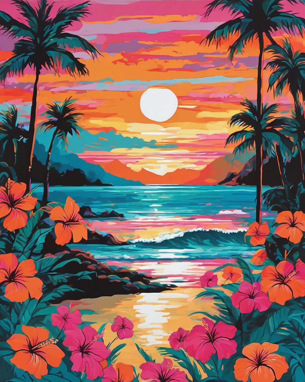 hawaiian beach sunset paint by numbers kit, palm trees, turquoise water and pink hibiscus flowers