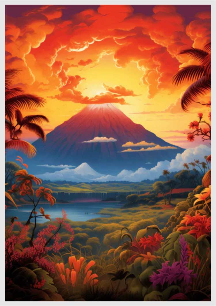 Hawaii's Lava Giant painting with vibrant tropical foliage and colorful sunset sky in a Paint By Numbers kit
