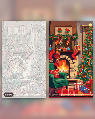 Hearth and Stockings paint by numbers kit, before and after