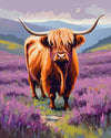 Highland Cow in the Heather paint by numbers kit, ginger highland cow standing in purple heather