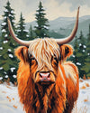 Highland Cow in the Winter Pines paint by numbers kit, orange highland cow with long horns in the snow among pines