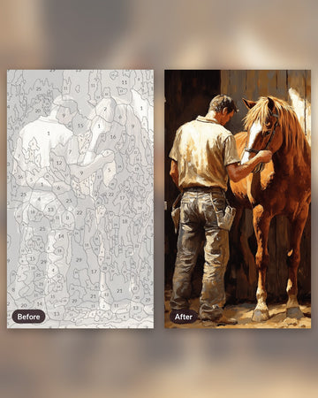 Horse Trainer paint by numbers kit, before and after