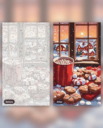 Hot Cocoa by the Snowy Window paint by numbers kit, before and after