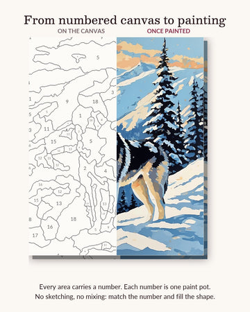 Husky in the Snowy Mountains numbered canvas next to the finished painting
