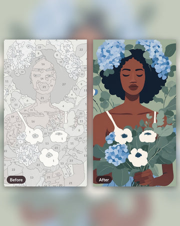 Hydrangea Dreamer paint by numbers kit, before and after