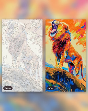 King of the Savannah's paint by numbers kit, before and after