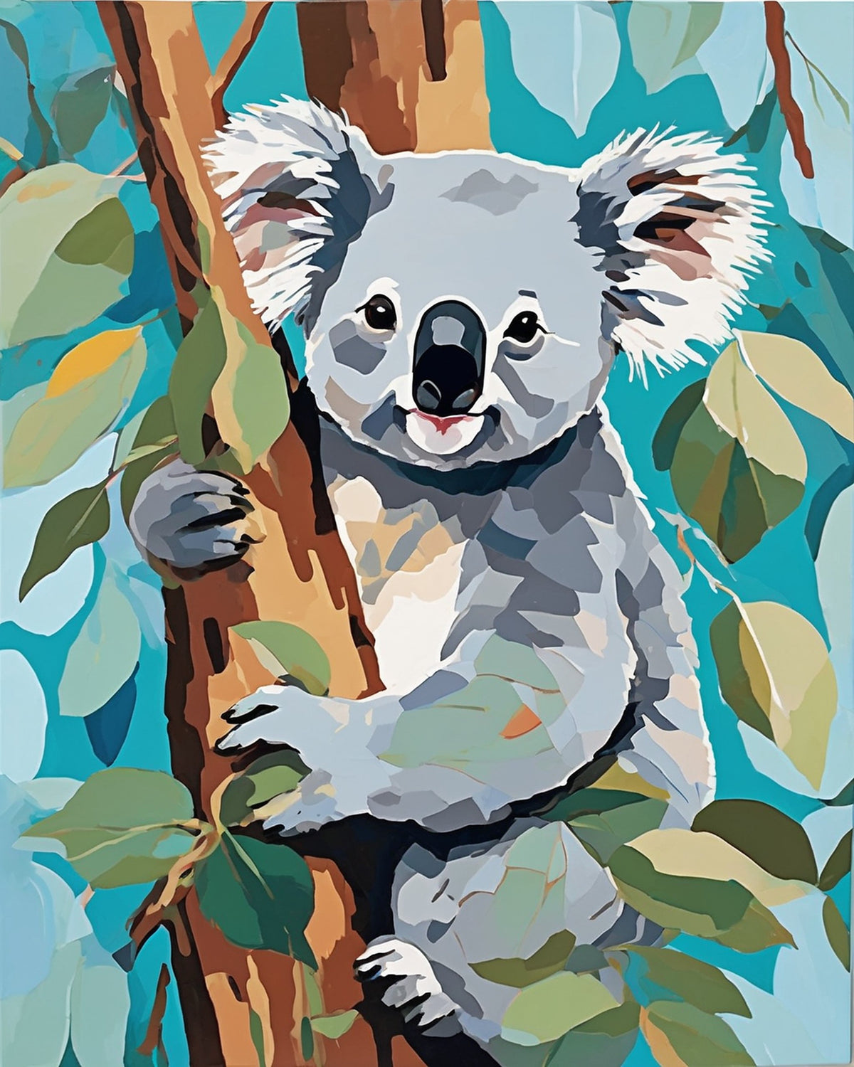 gray koala holding a eucalyptus trunk with green leaves and a teal blue background, paint by numbers kit
