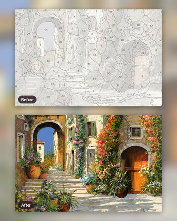 The Scarlet Door on the Ascent paint by numbers kit, before and after
