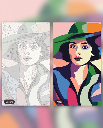 Lady in a Hat paint by numbers kit, before and after