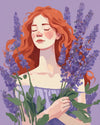 Lavender Dreamer paint by numbers kit, red-haired woman with closed eyes holding lavender on lilac