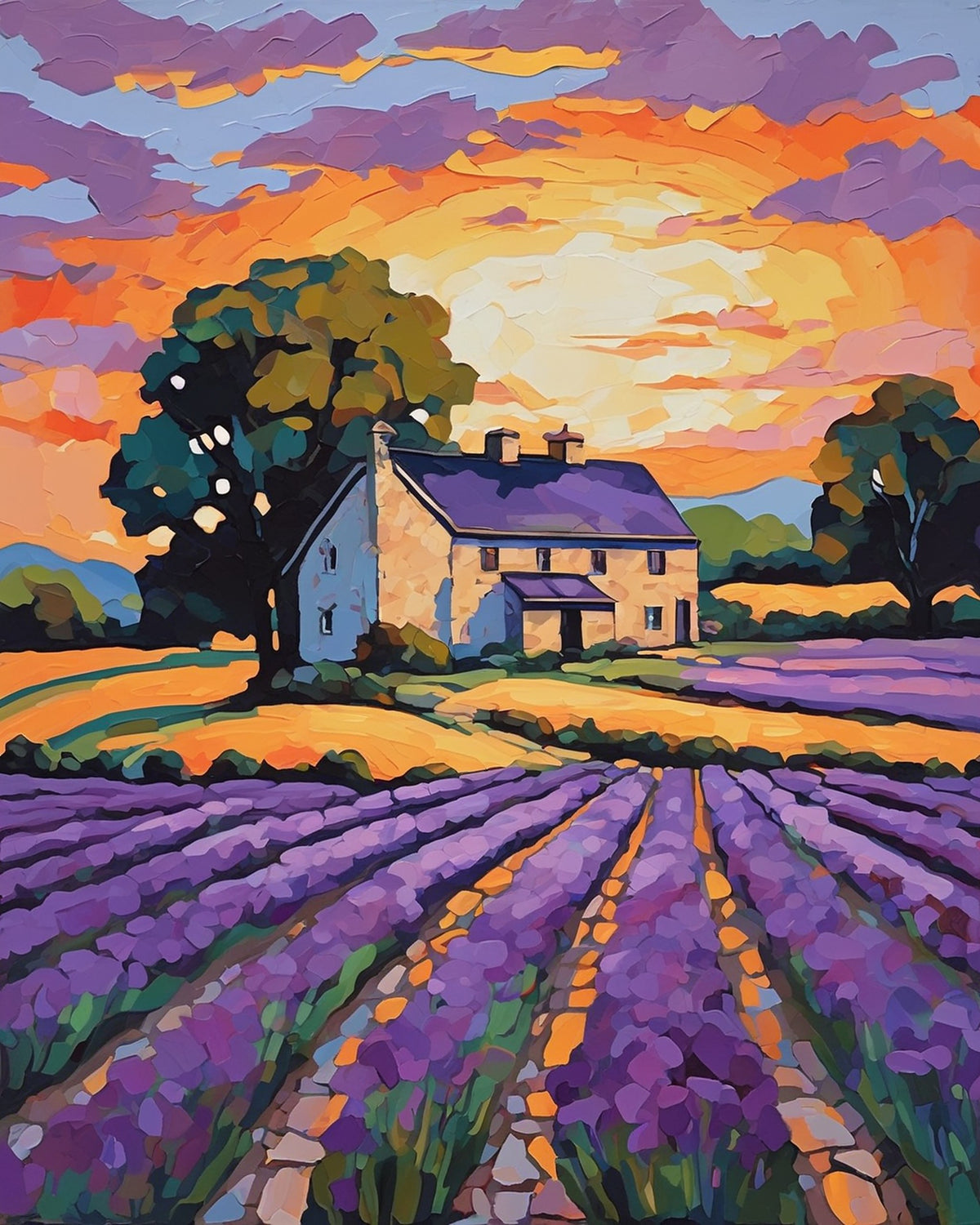 rows of purple lavender leading to a stone farmhouse with a large tree and orange sunset sky, paint by numbers kit