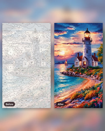 Lighthouse and Sea paint by numbers kit, before and after