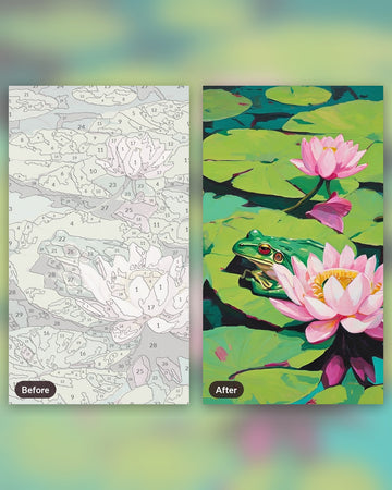 Lily Pad Frog and Lotus Painting by Numbers Kit paint by numbers kit, before and after