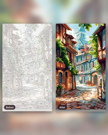Silent Roadway paint by numbers kit, before and after