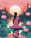 Lotus Meditation paint by numbers kit, woman in meditation pose surrounded by pink lotus flowers