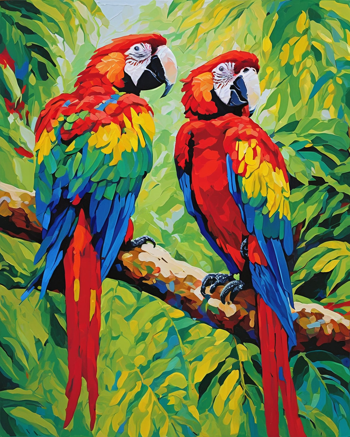 two scarlet macaws perched on a branch in a green rainforest, paint by numbers kit