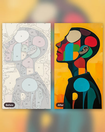 Man's Head paint by numbers kit, before and after